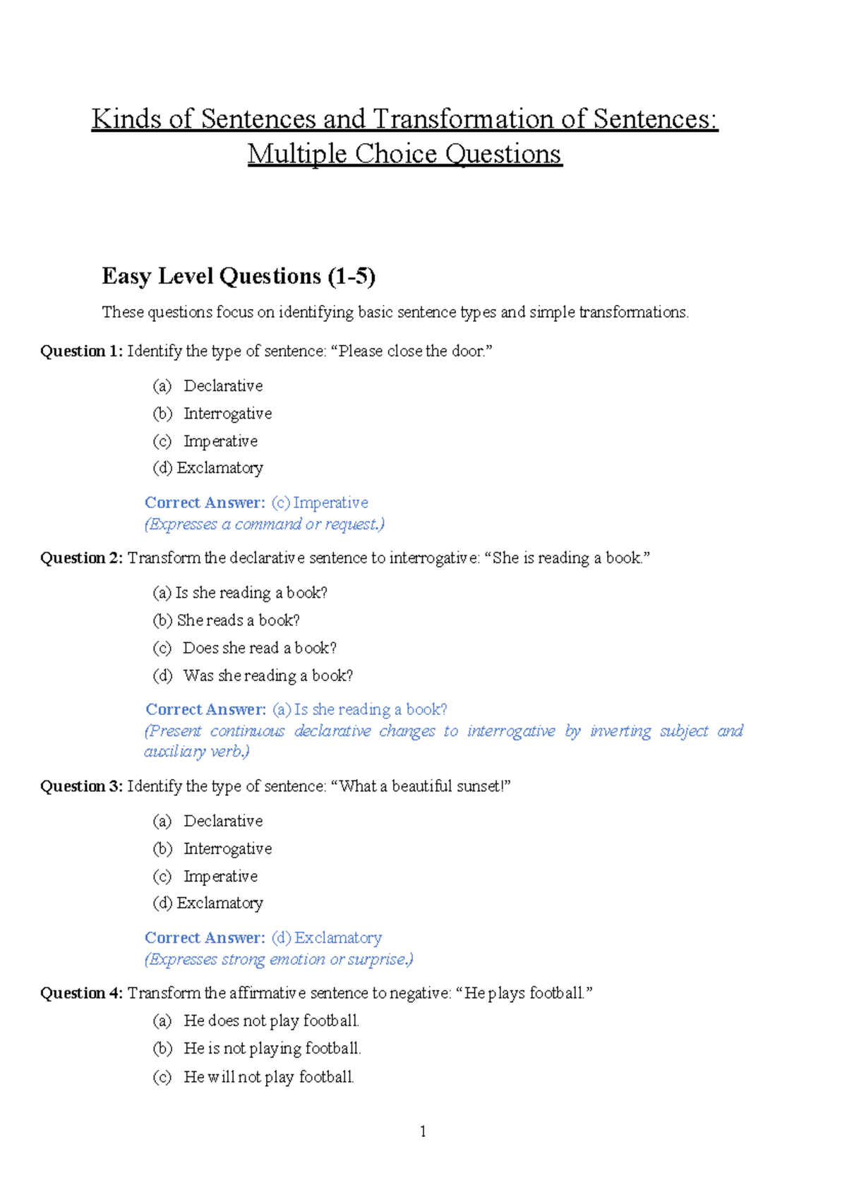 Transformation of Sentences: MCQs for Easy, Medium & Hard Levels - Studocu