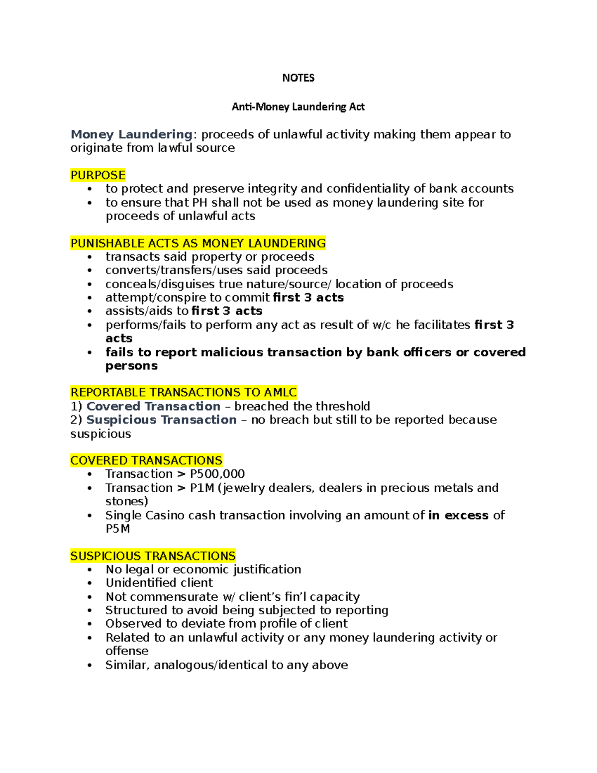 Anti-Money Laundering Act - Key Notes & Guidelines - Studocu