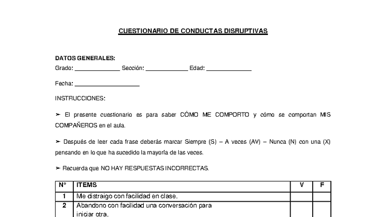 Cuestionario de Conductas Disruptivas - Datos Generales - Document Preview