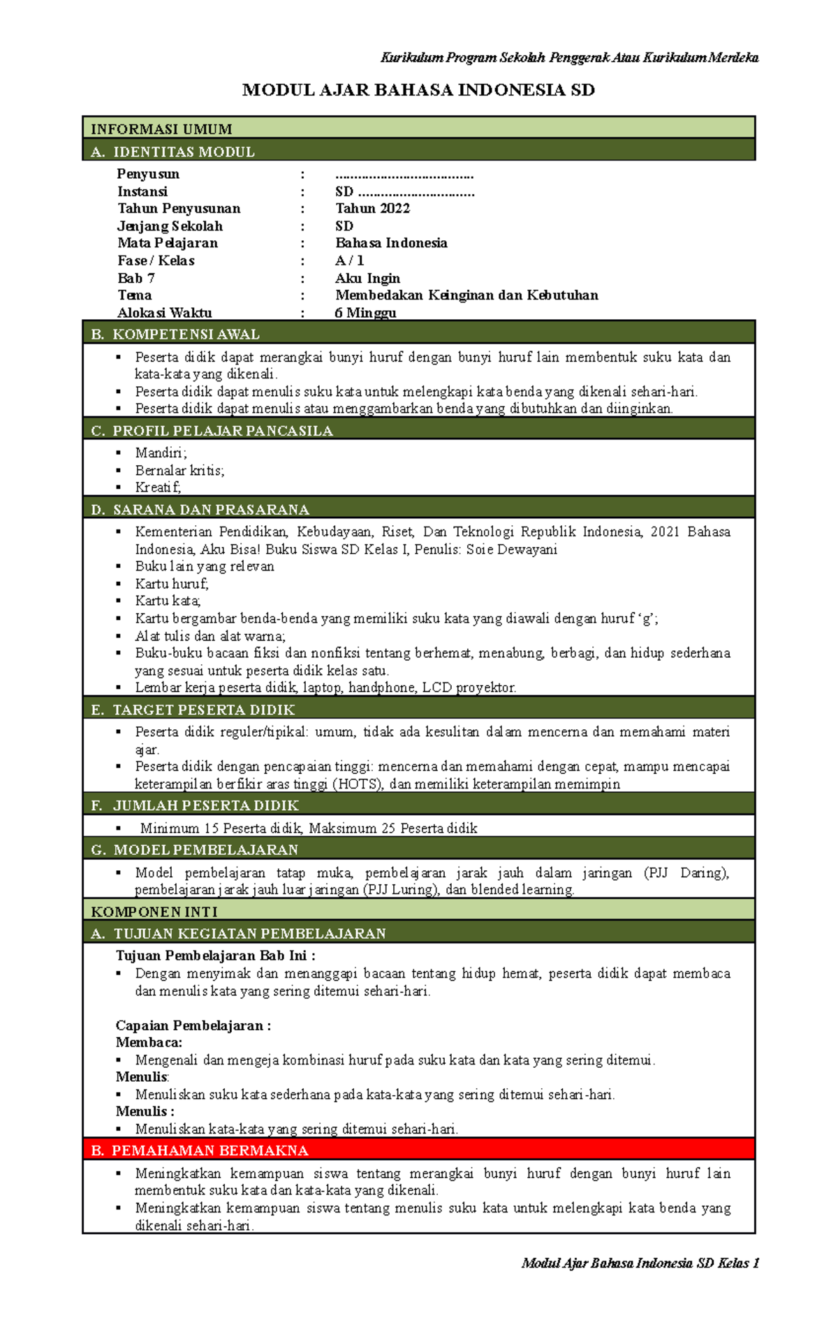 Modul Ajar Keb. Bahasa Indonesia Kelas 1 - Bab 7: Keinginan & Kebutuhan - Document Preview