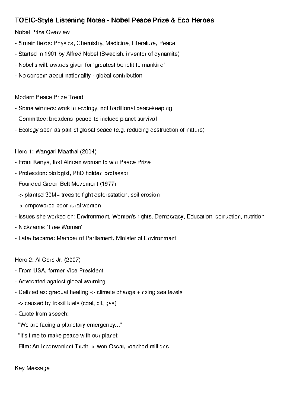 Toeic Listening Notes: Nobel Peace Prize Eco Heroes Overview - Studocu