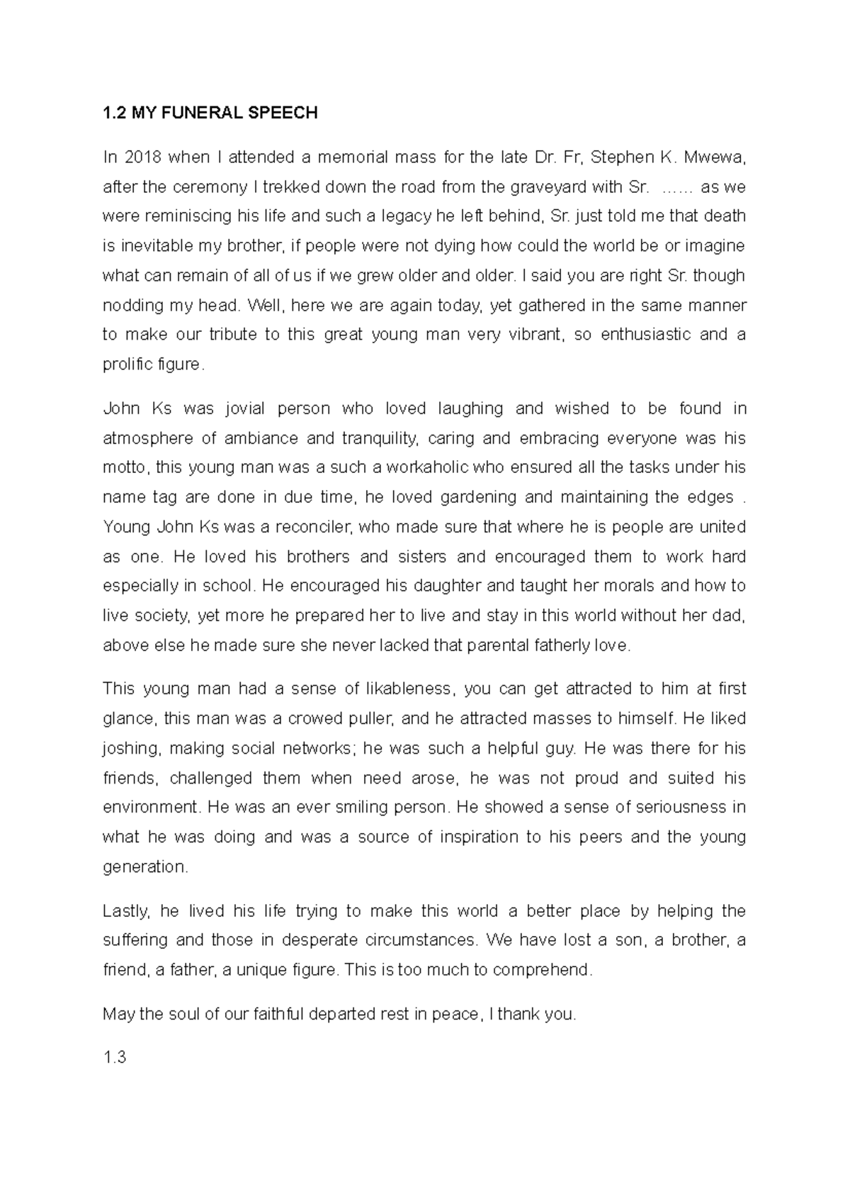 Funeral Speech for John KS Sikwa: A Tribute to His Legacy - Studocu