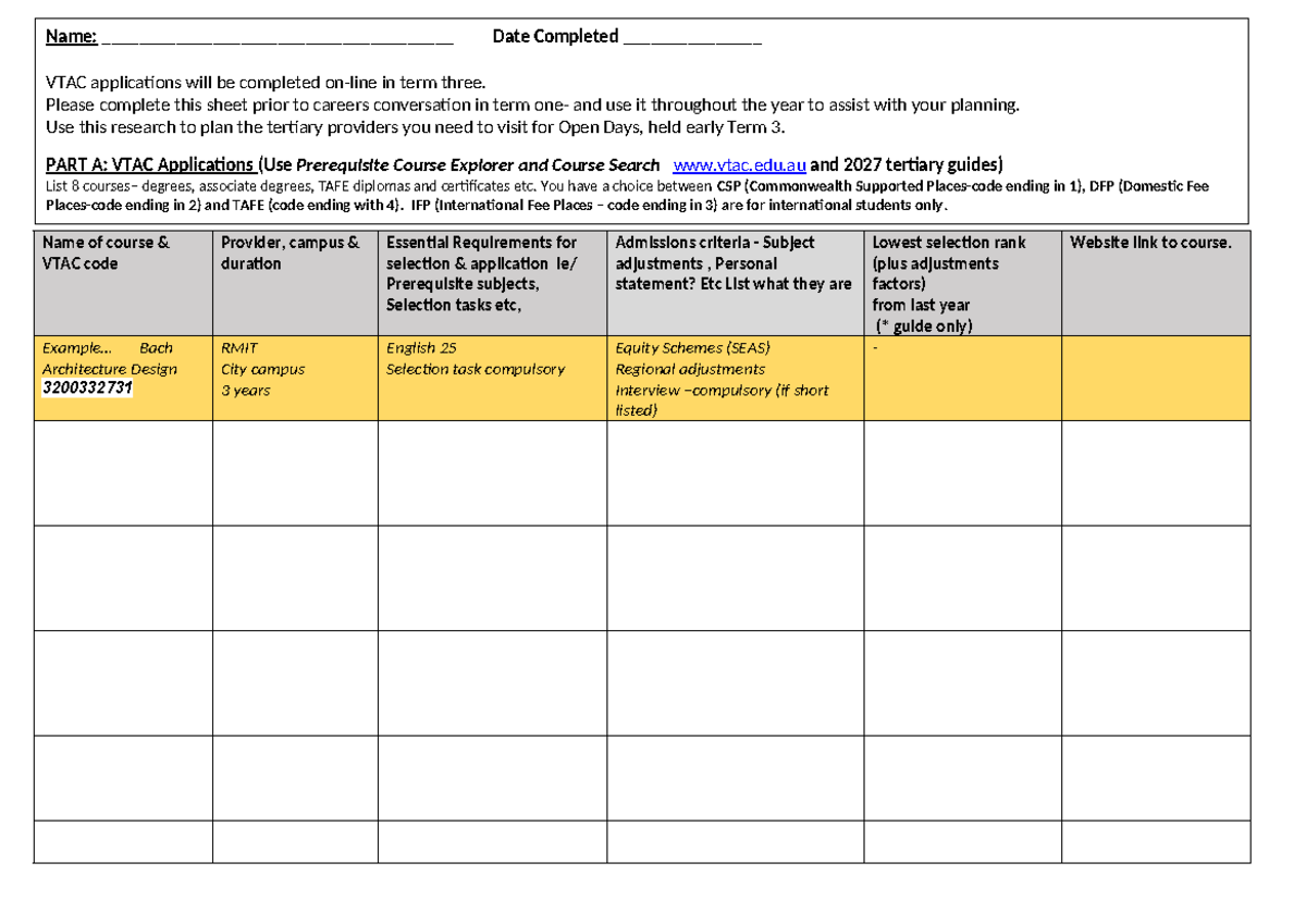 Year 12 VTAC Course Planner for 2027: Application Guide - Studocu