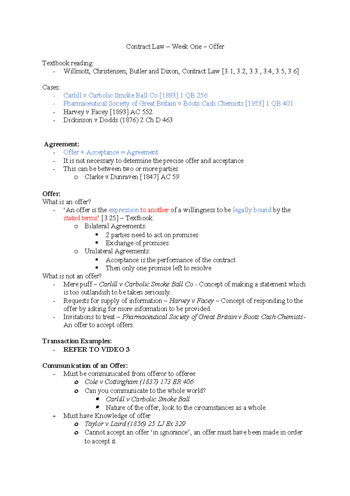 Contract Law (LAW101) Week 1: Offer Notes and Key Cases Analysis - Studocu
