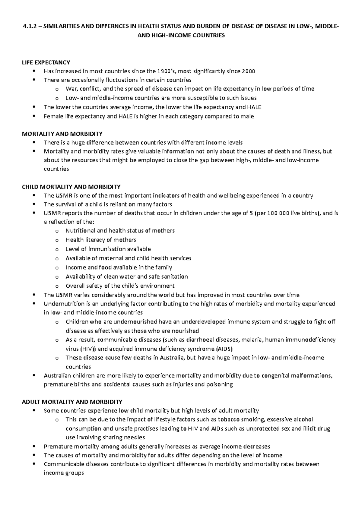 Unit 4 HHD AOS 1 Notes: Health Status & Disease Burden Comparison - Studocu