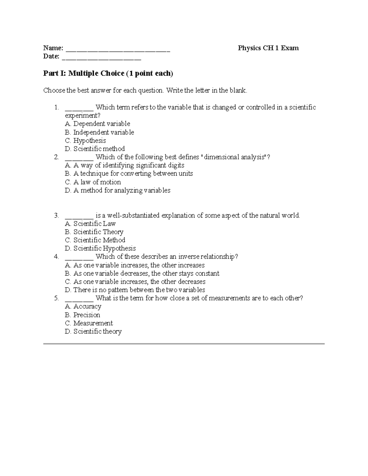 Physics CH 1 Exam: Multiple Choice & Short Answer Questions - Studocu
