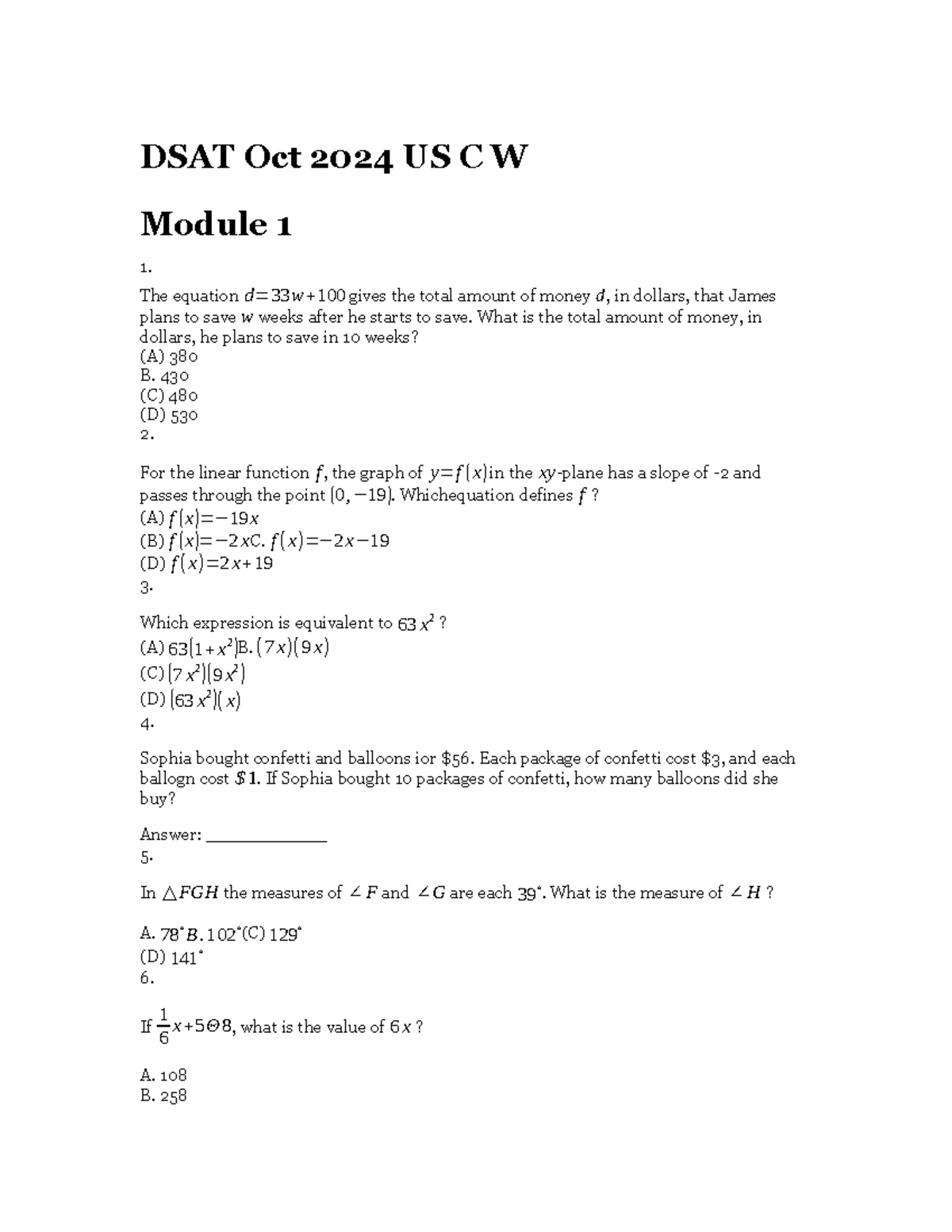 DSAT Oct 2024 US C W - SAT homework - DSAT Oct 2024 US C W Module 1 1 ...