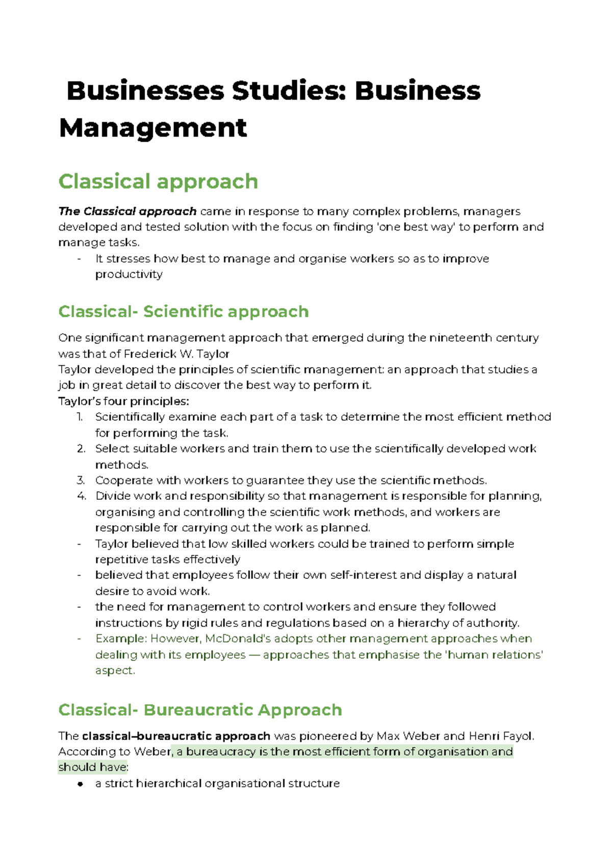 Business Studies: Topic 2 - Business Management Approaches - Studocu