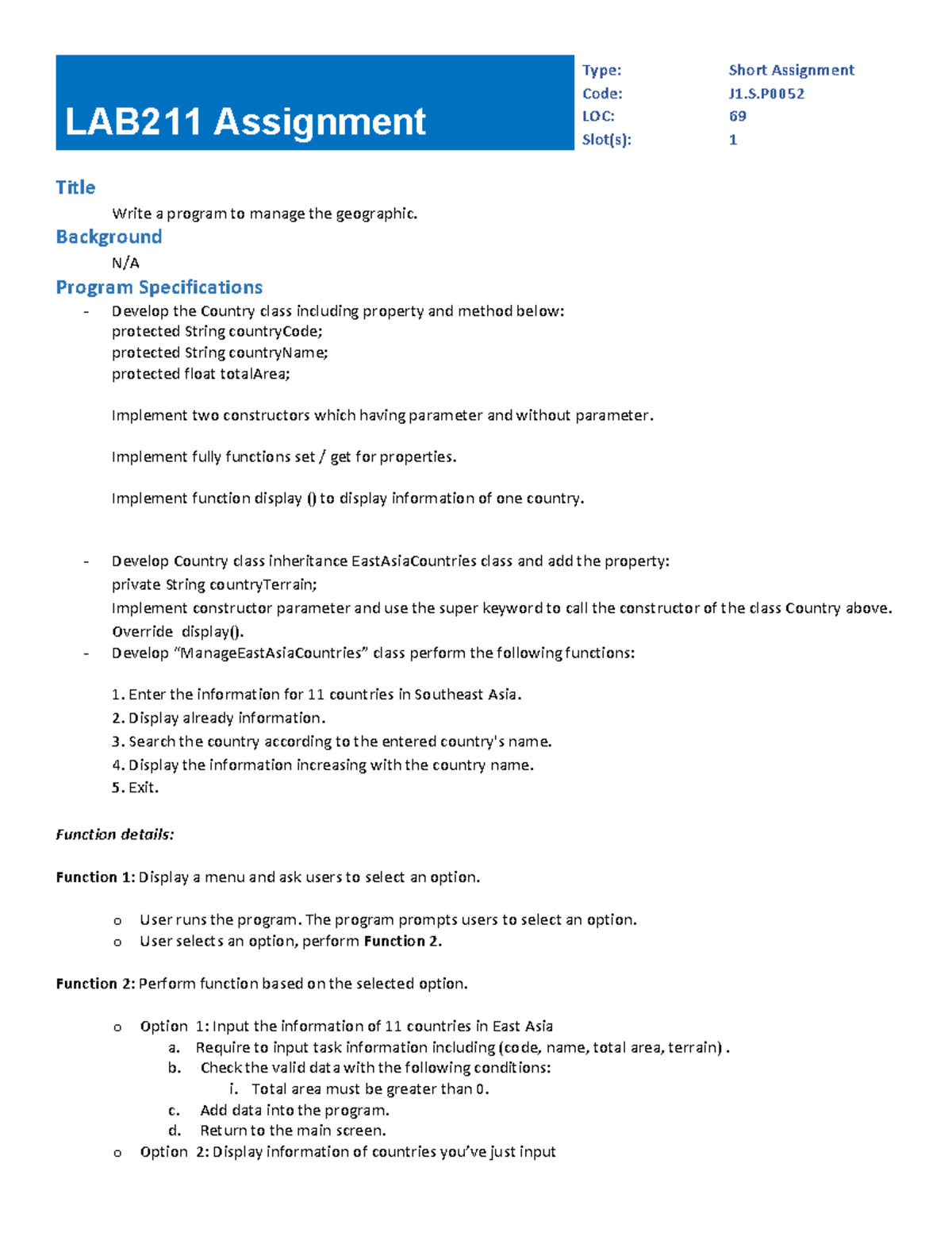 LAB211 Short Assignment: Country Management Program Development - Studocu
