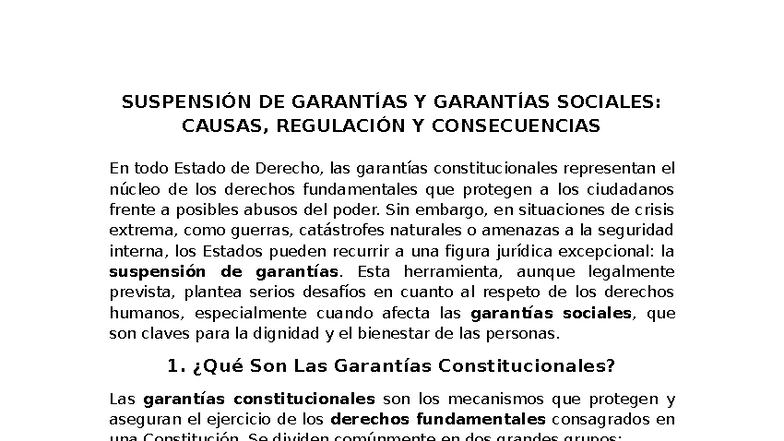 Suspensión de Garantías y Sociales: Causas y Consecuencias - Studocu