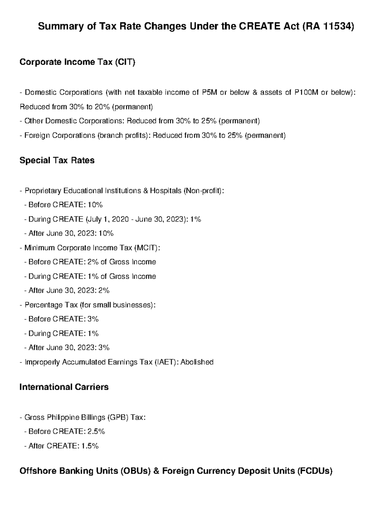 Create Tax Summary - Summary of Tax Rate Changes Under the CREATE Act ...