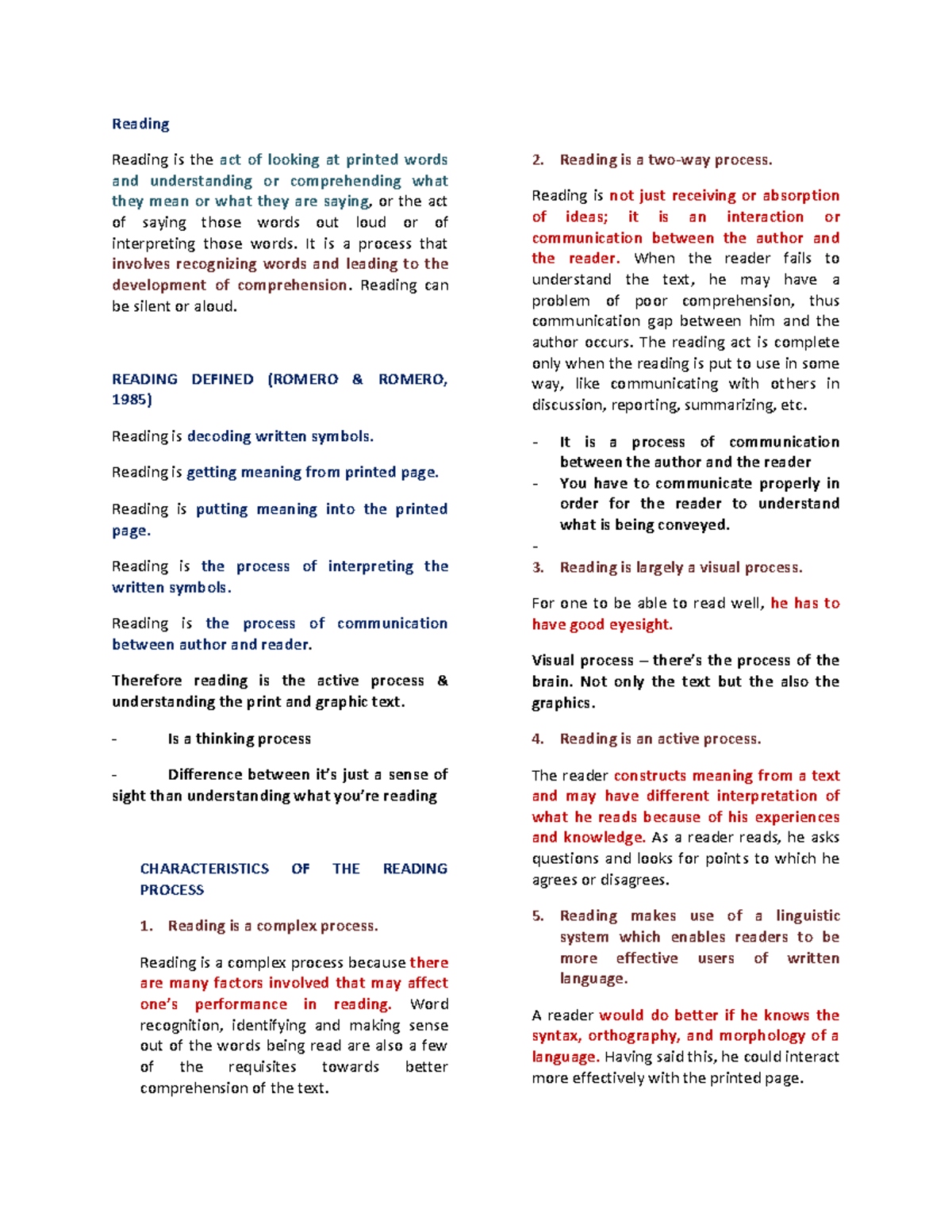 Reading Process - Notes (Purcom) - Studocu