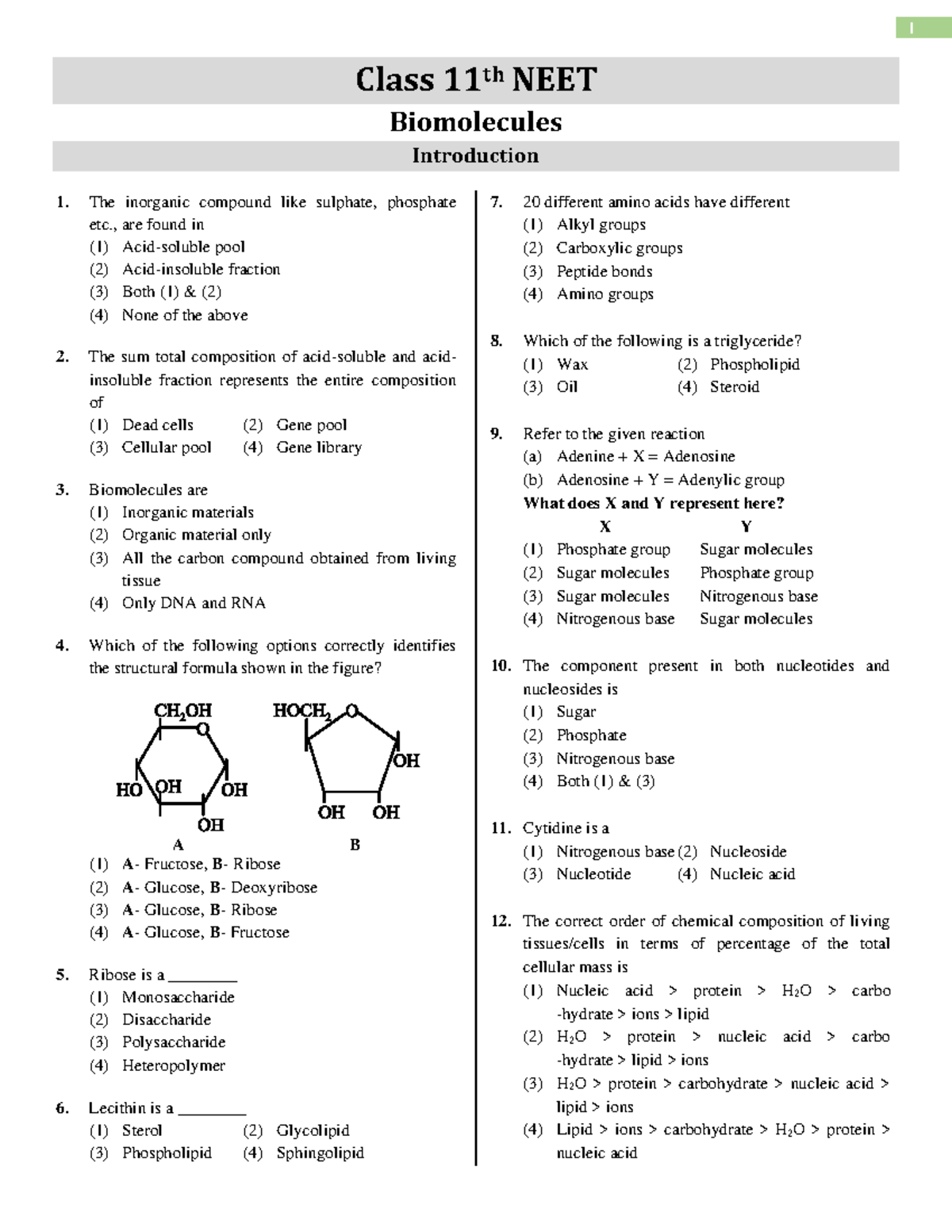 Biomolecules: Class 11th NEET Zoology Exam Questions and Answers - Studocu