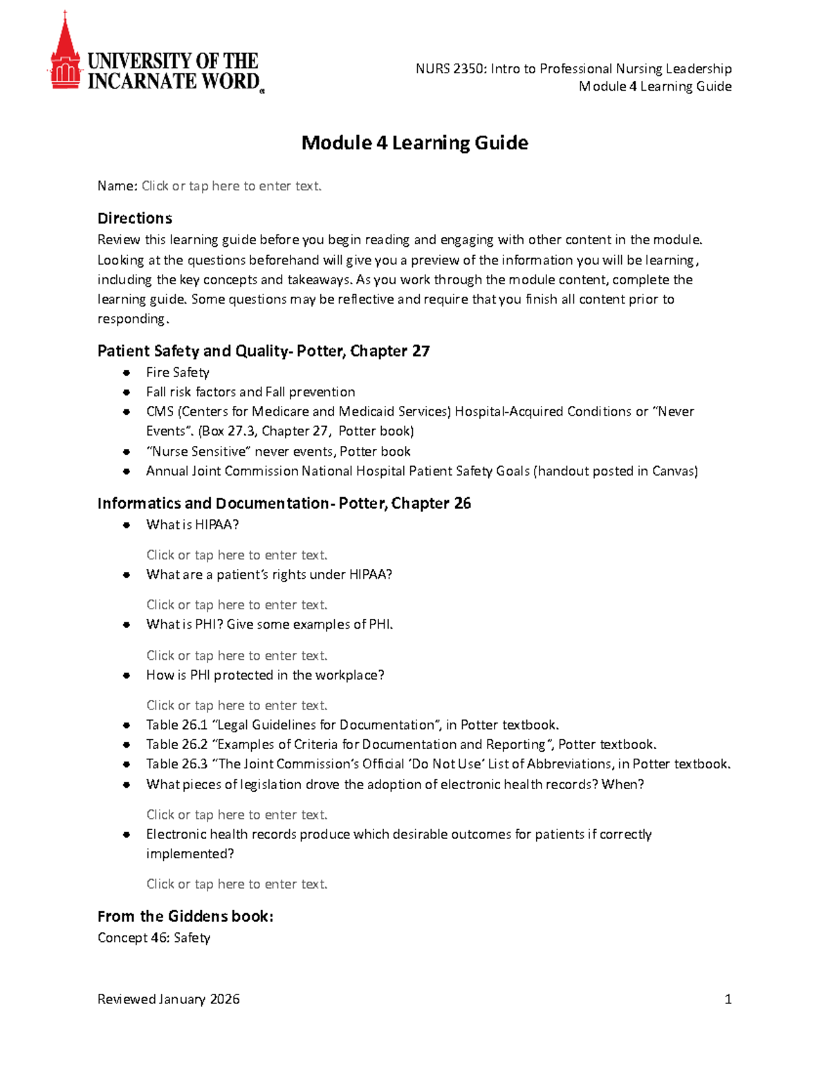 NURS 2350: Intro to Professional Nursing Module 4 Learning Guide - Studocu