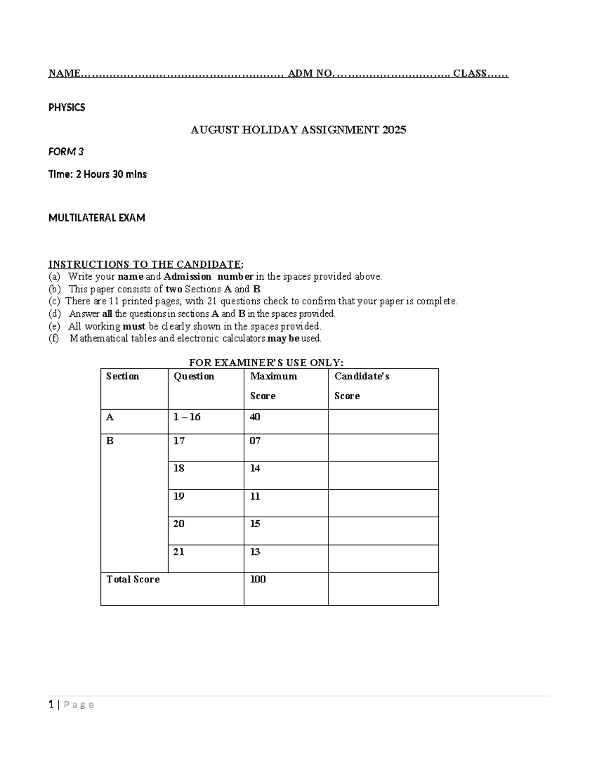 PHY-F3-AUGUST HOLIDAY ASSIGNMENT 2025 - PHYSICS MULTILATERAL EXAM - Studocu