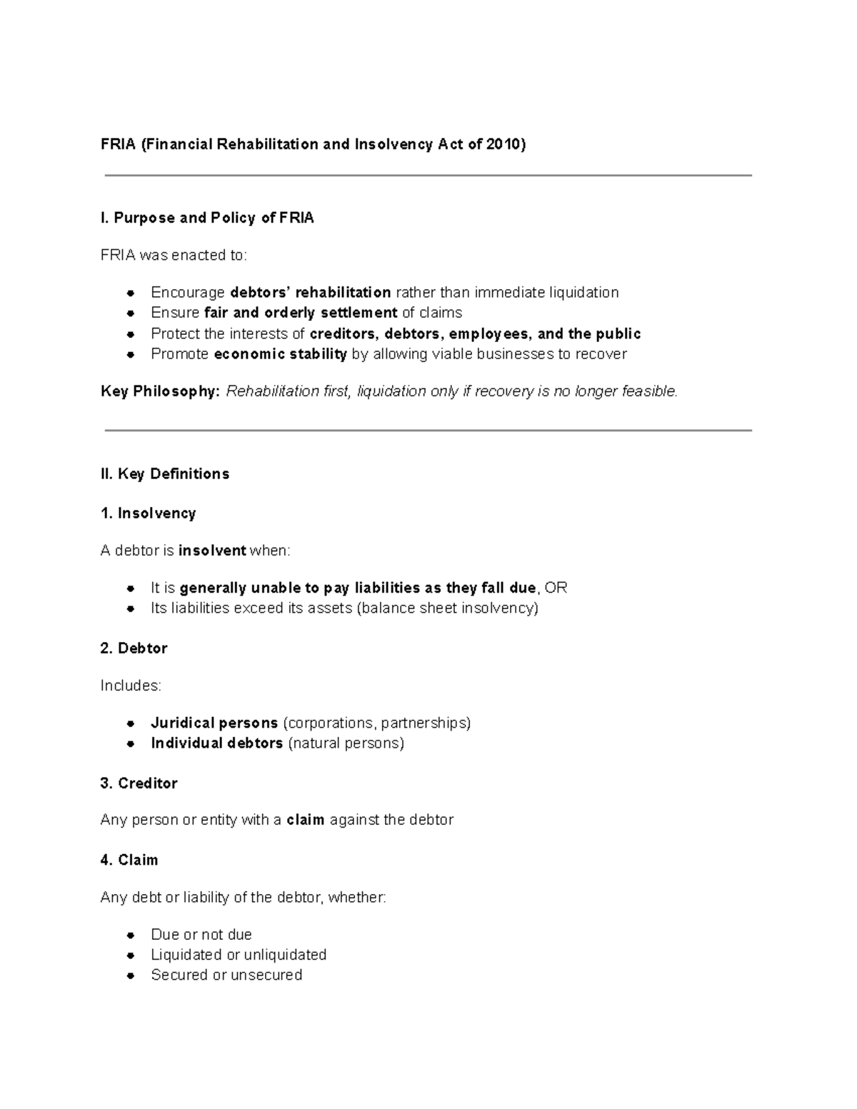 FRIA 2010: Key Insights on Rehabilitation & Liquidation Processes - Studocu
