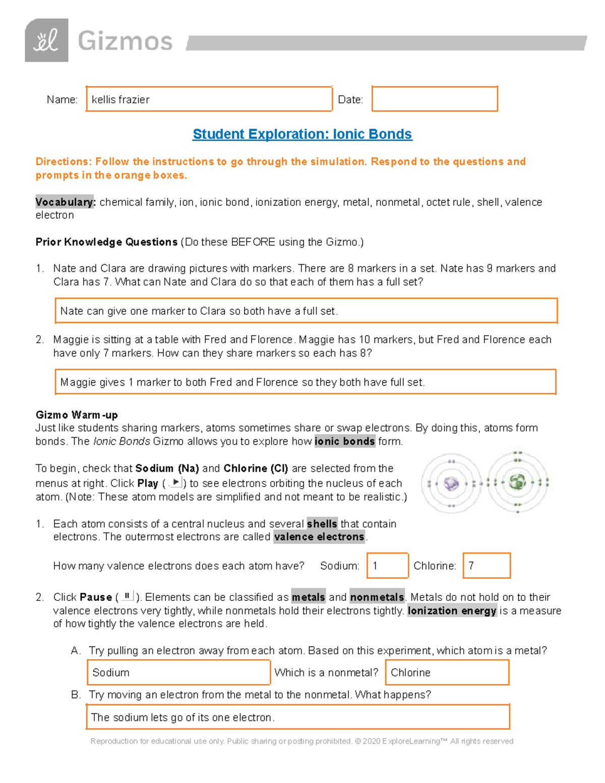 Ionic Bonds SE - Gizmo Assignments Answer Key - Studocu