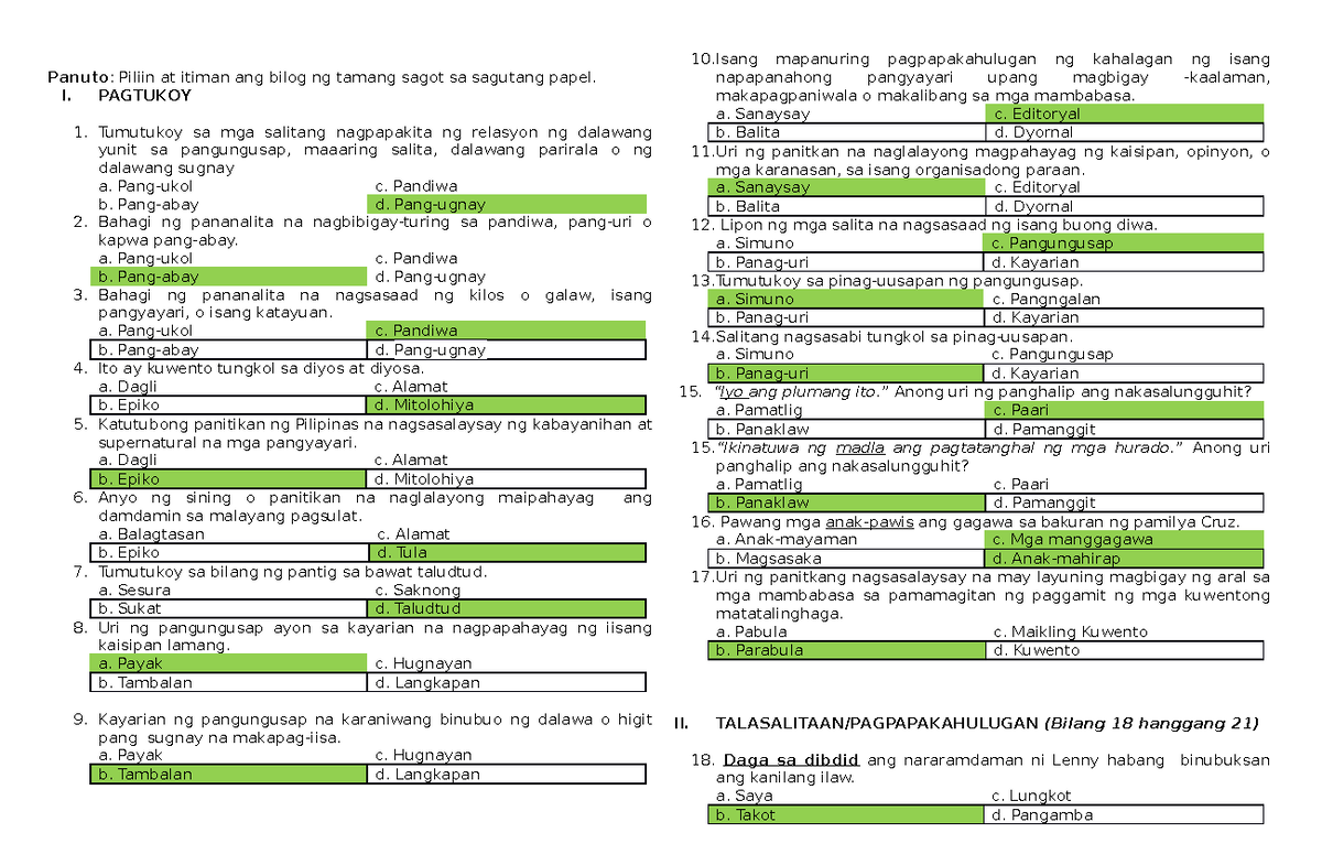 MOCK TEST-FIL - Pagsusuri sa Bahagi ng Pananalita at Talasalitaan - Studocu