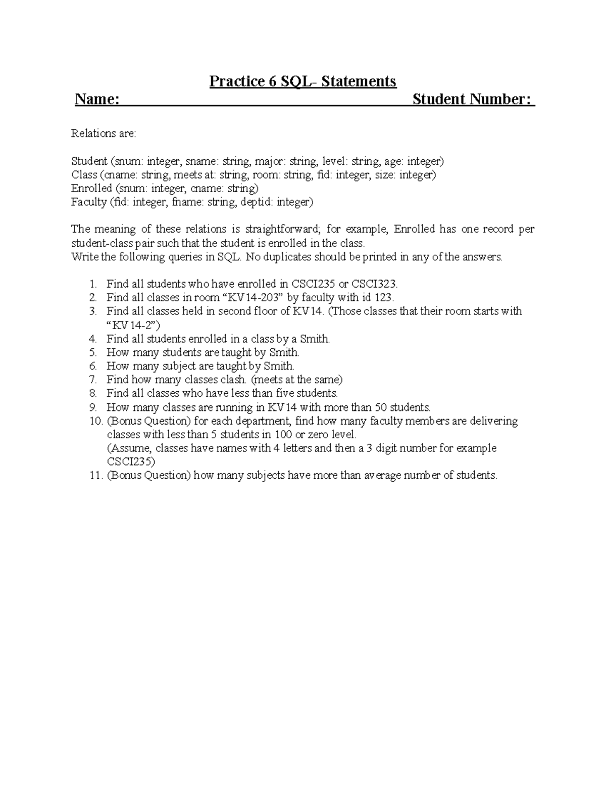 Practice 6 - SQL Queries on Student Relations and Enrollment - Studocu