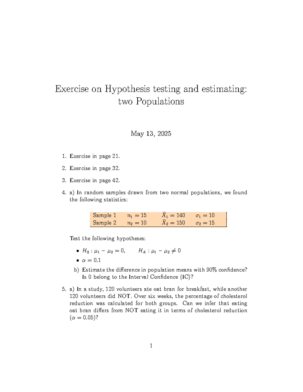 Exercise 13: Hypothesis Testing & Estimation for Two Populations - Studocu