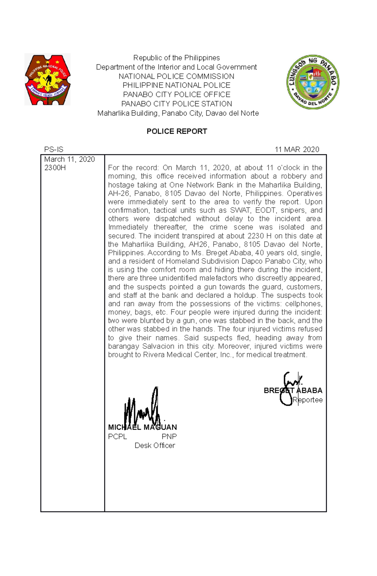 PNP Police Report: Robbery & Hostage Incident at Maharlika Building ...