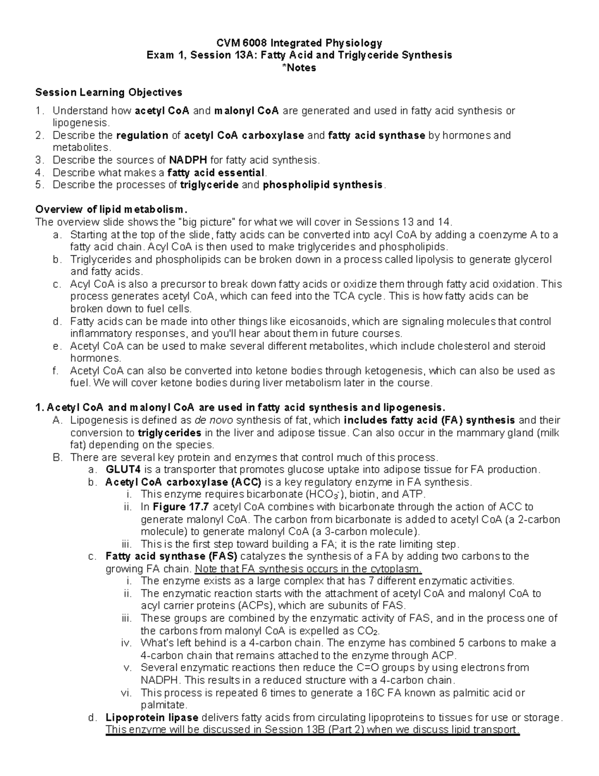 CVM 6008 Integrated Physiology I: Fatty Acid & Triglyceride Synthesis ...