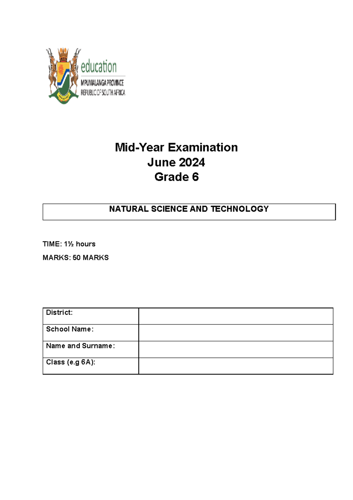 Natural Science & Technology Grd 6 Exam Paper - June 2024 - Studocu
