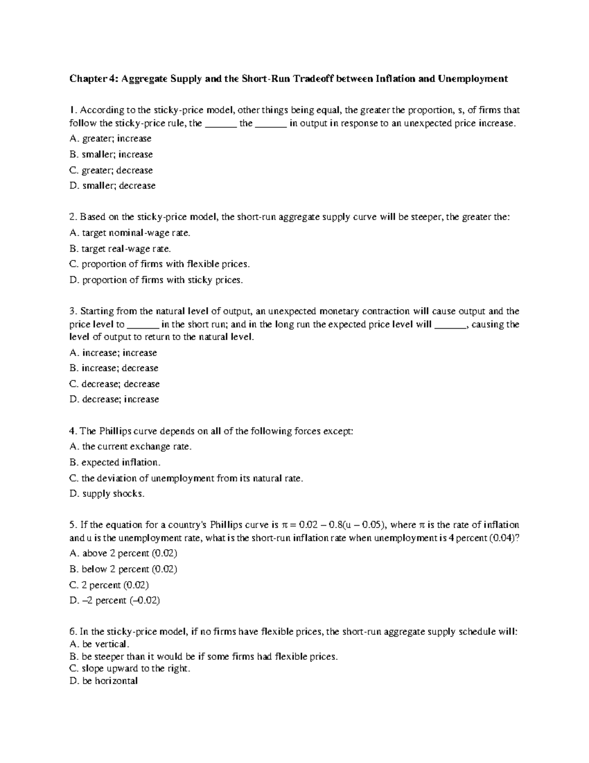 Ch04. STU. Practice Questions on Aggregate Supply and Inflation - Studocu