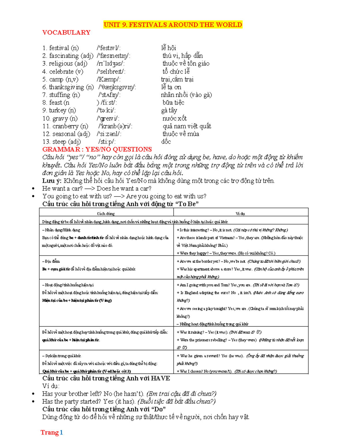 UNIT 9: FESTIVALS AROUND THE WORLD - VOCABULARY & GRAMMAR NOTES - Studocu
