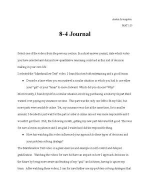 8-4 Journal - Austin Livingston MAT 125 8-4 Journal Select one of 
