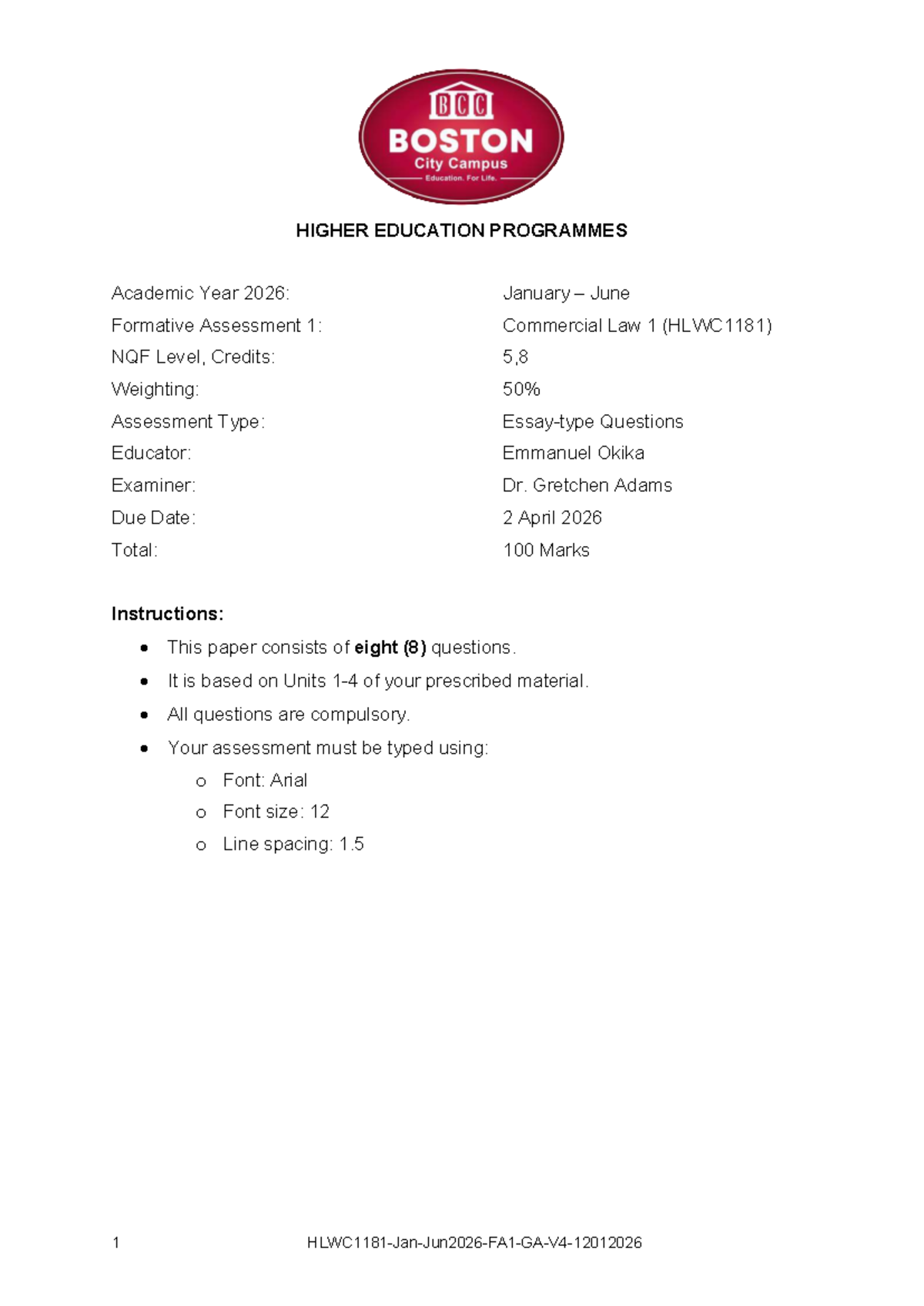 HLWC1181 - Commercial Law 1 - Formative Assessment 1 - Studocu