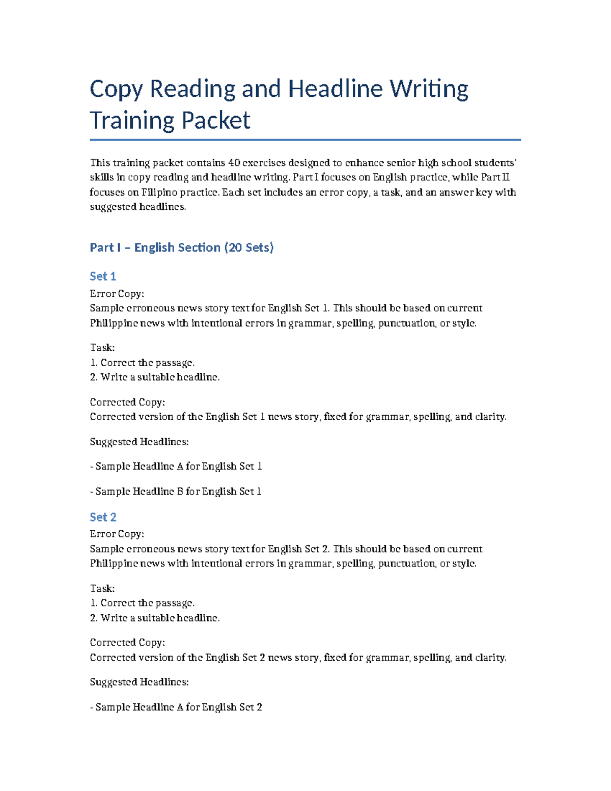 Copy Reading & Headline Writing Exercises (40 Sets) - Studocu