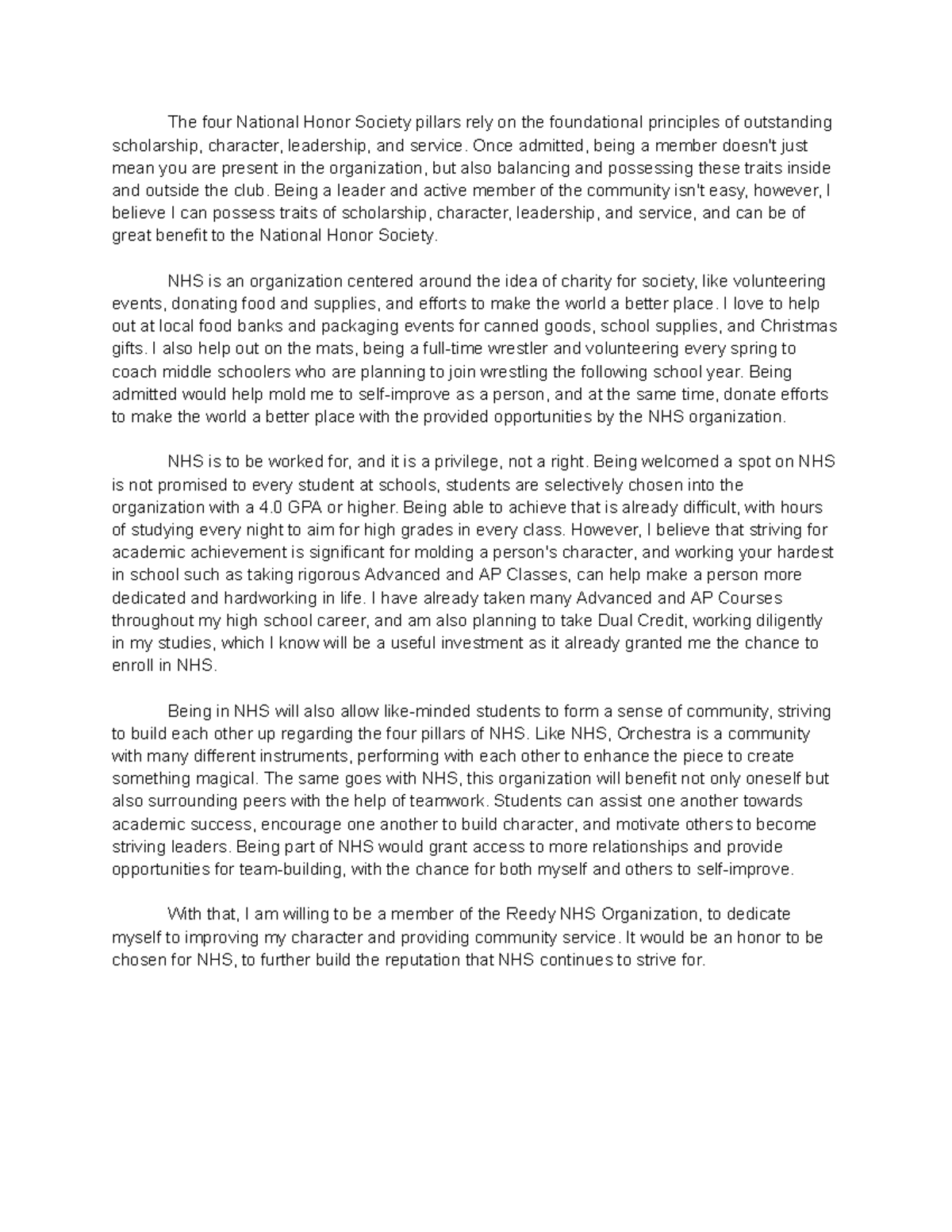 NHS Sample Essay: Embracing Leadership, Scholarship, and Service - Studocu