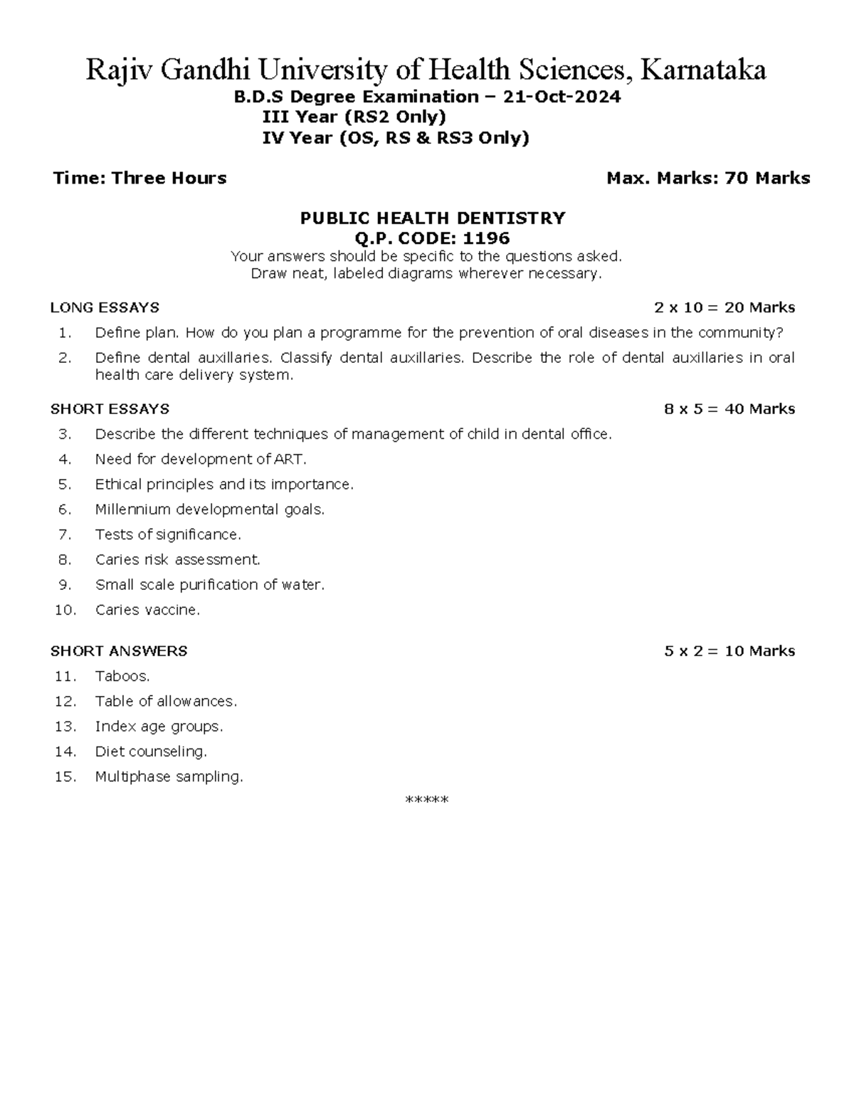 BDS 1196 - Public Health Dentistry Exam Paper - Oct 2024 - Studocu