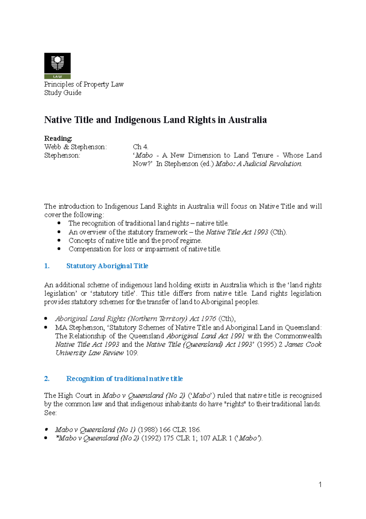 Week 3 Study Guide: Native Title & Indigenous Land Rights in Australia ...