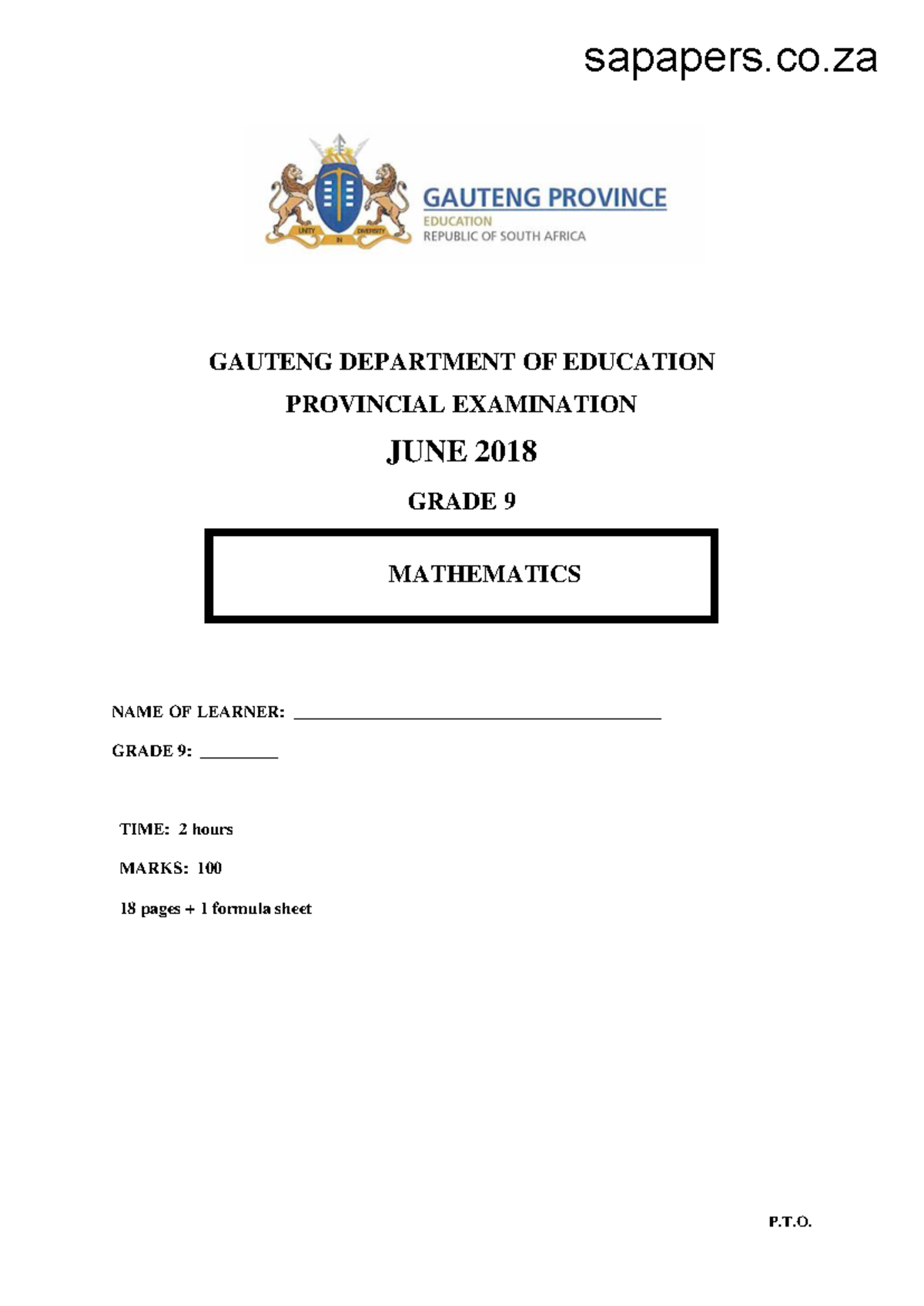 Gauteng Grade 9 Mathematics Provincial Exam June 2018 Paper Studocu