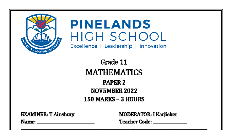 Grade 11 MATHEMATICS PAPER 2 NOV 2022 - 150 MARKS EXAM - Studocu
