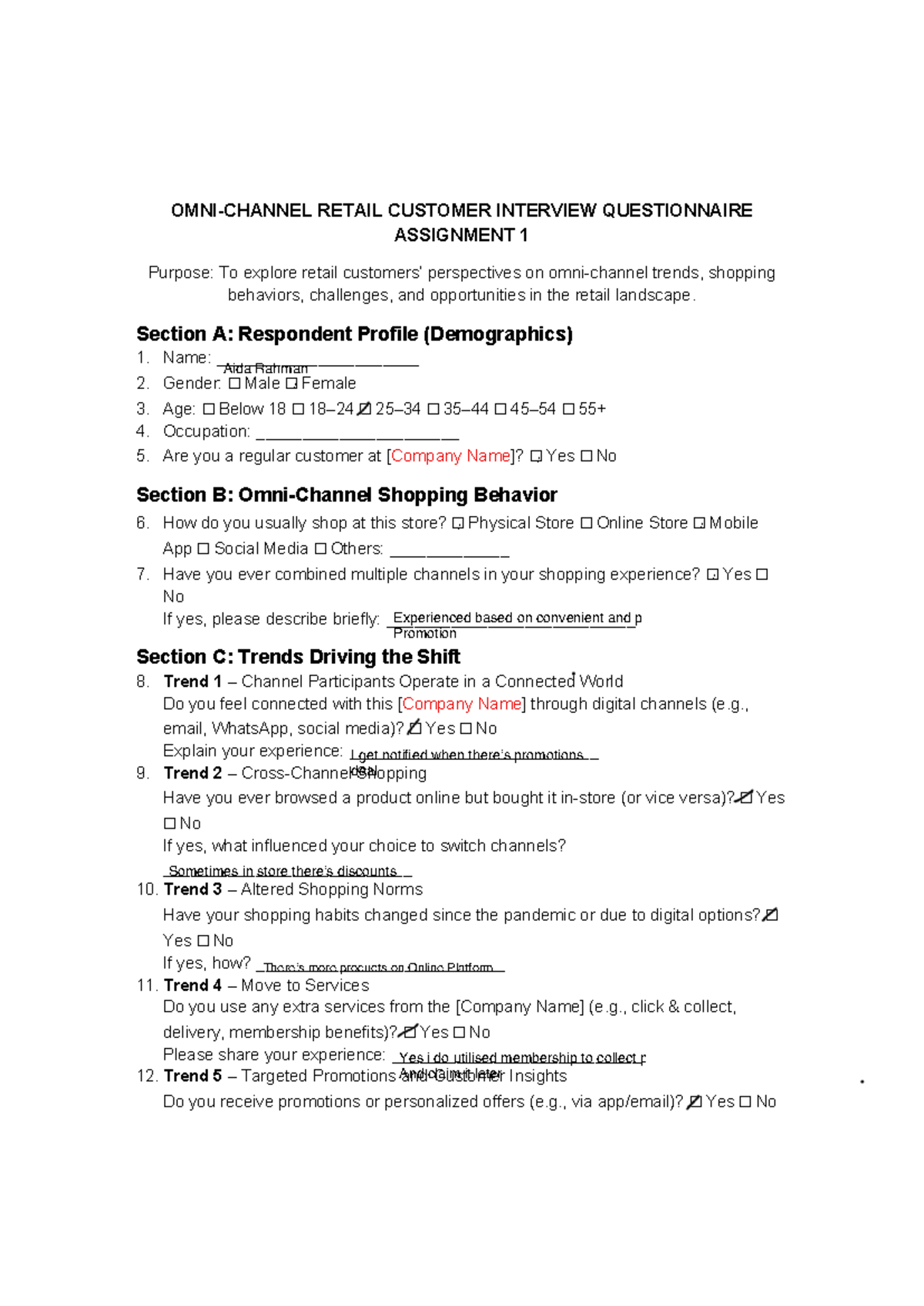 A1 Retail Customer Interview Questionnaire: Trends & Behaviors - Studocu
