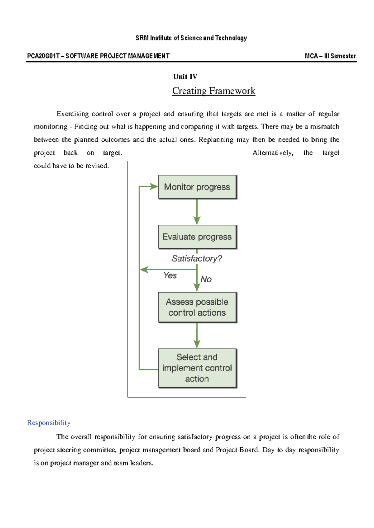 PCA20G01T Software Project Management: Unit IV Framework & Control ...