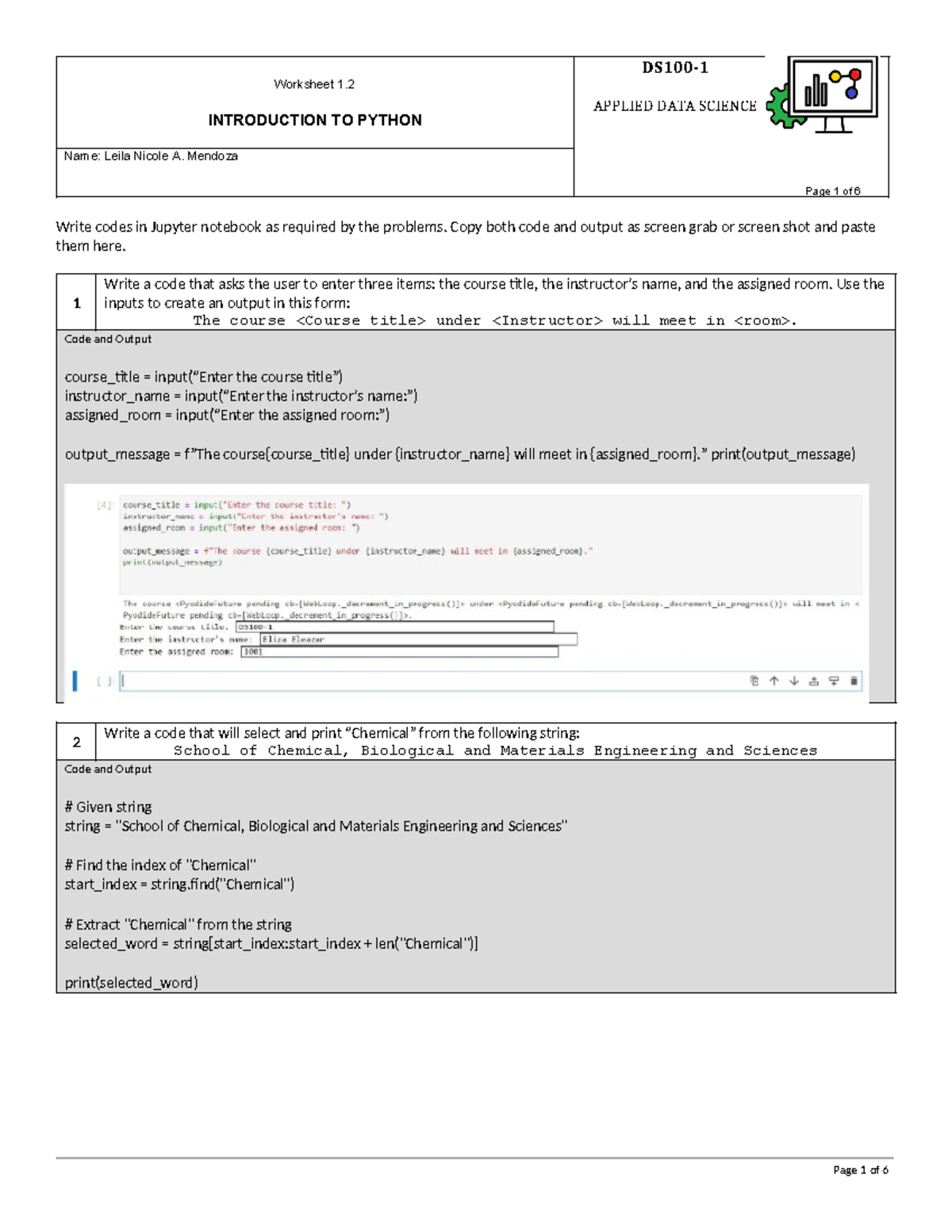 DS100-1 WS 1 - assign - Worksheet 1. INTRODUCTION TO PYTHON DS100 ...