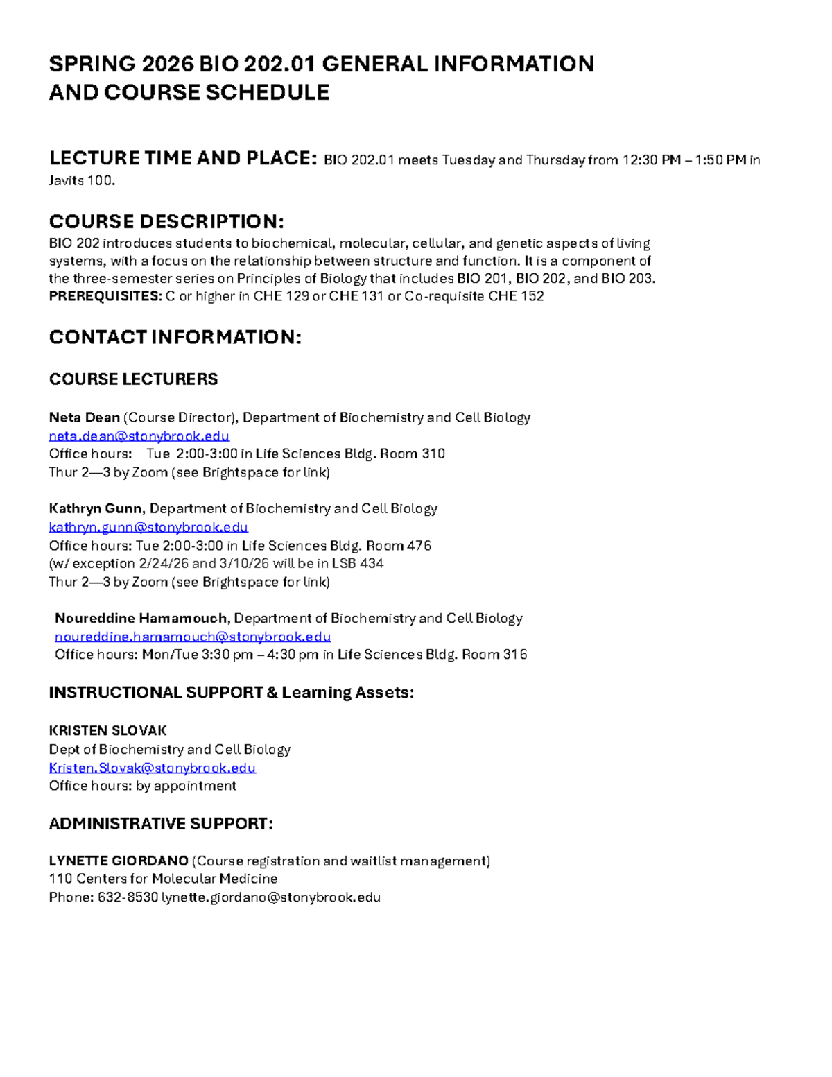 BIO 202.01 Spring 2026 Course Schedule and Information - Studocu