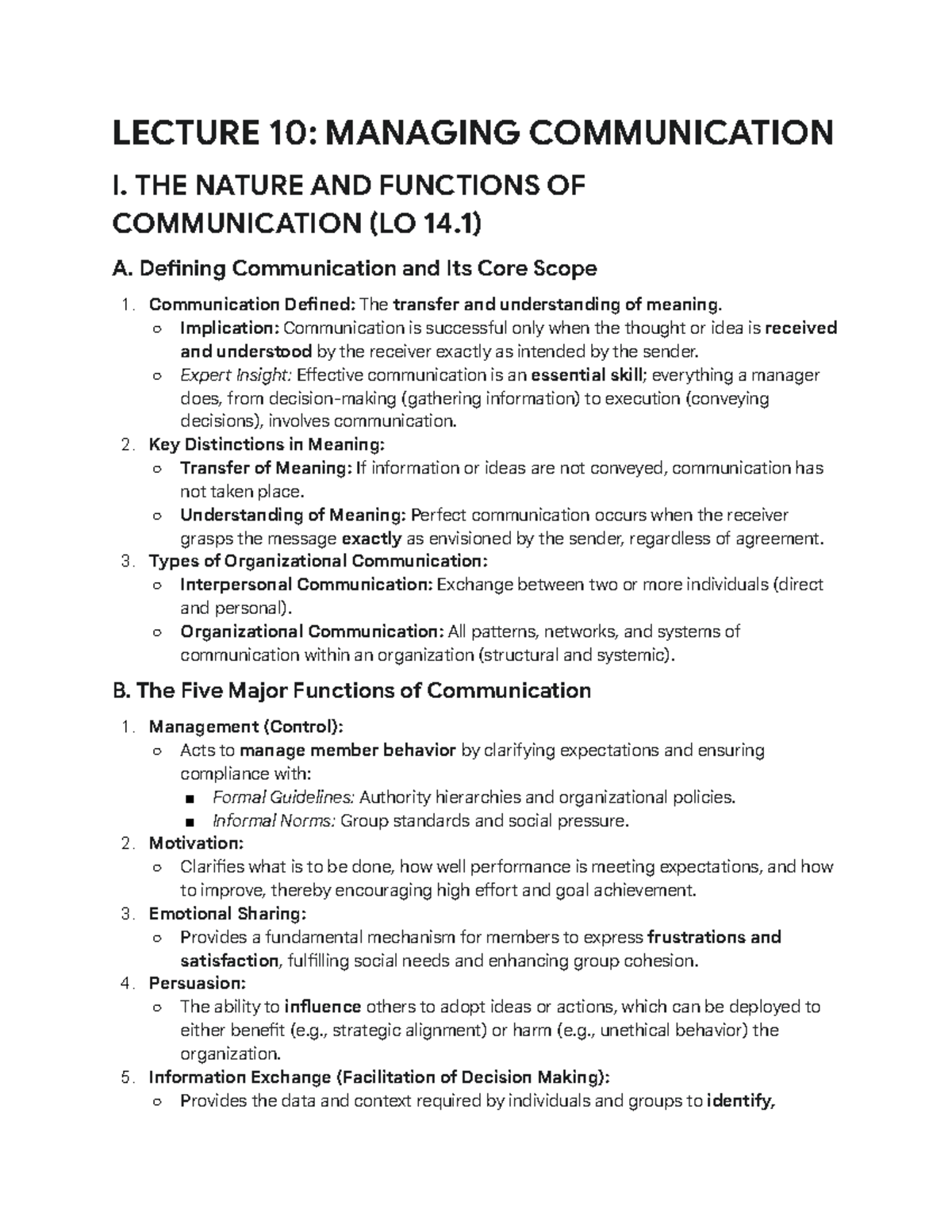 LECTURE 10: MANAGING COMMUNICATION - FUNCTIONS & PROCESS (LO 14.1 & 14. ...