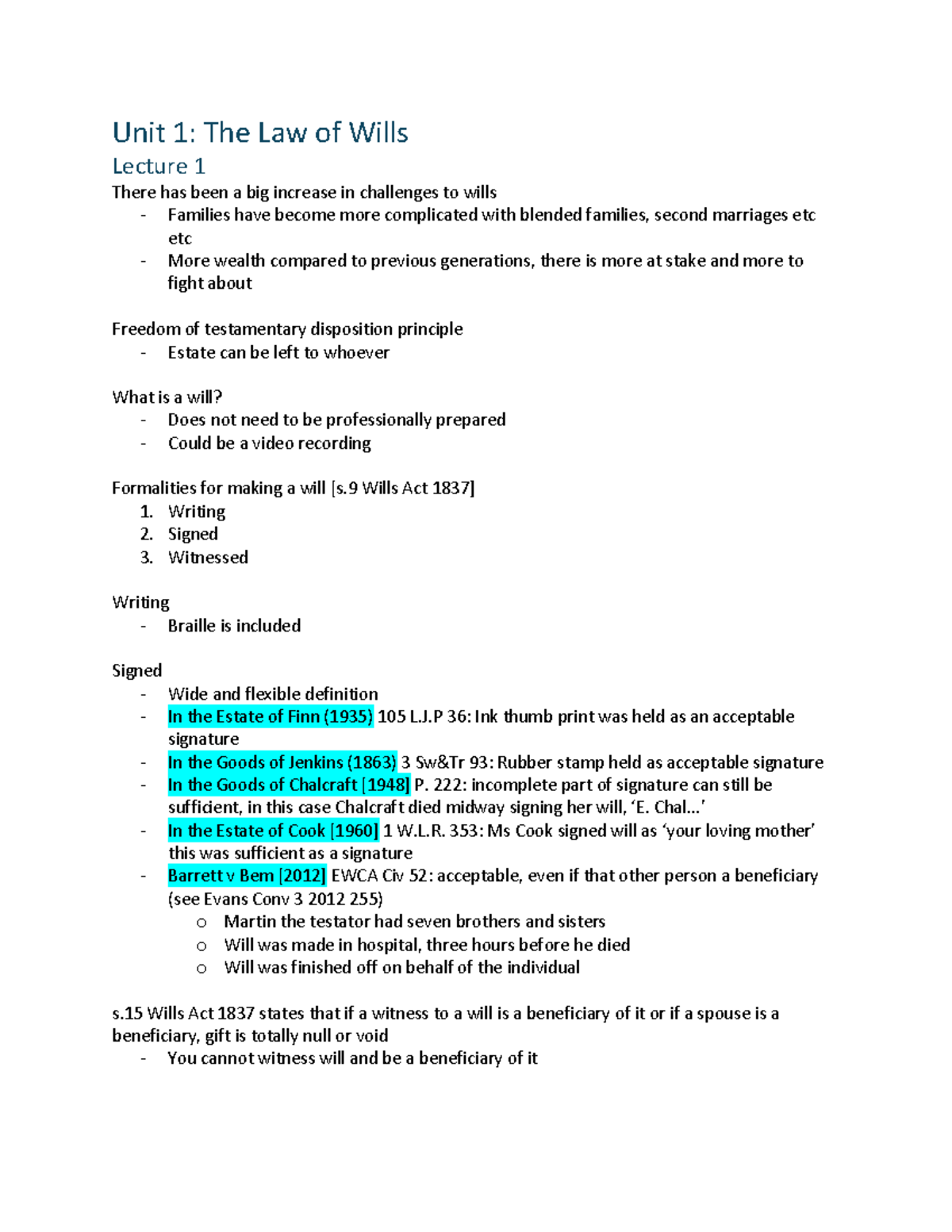 Unit 1: The Law of Wills Lecture Notes - Key Concepts and Challenges ...
