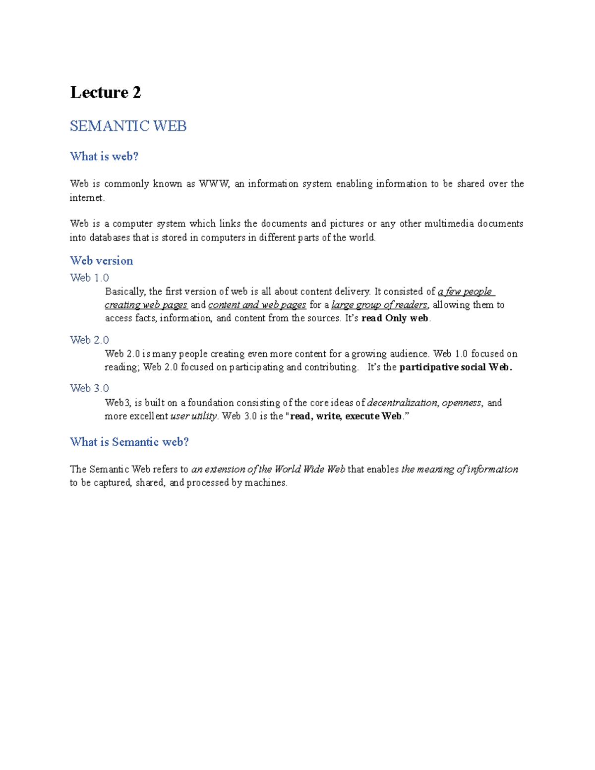 Lecture 2: Understanding the Semantic Web and Its Evolution - Studocu