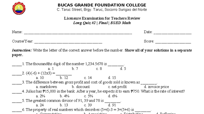 LET Quiz 2 Math Review - BSED Final Exam - Studocu