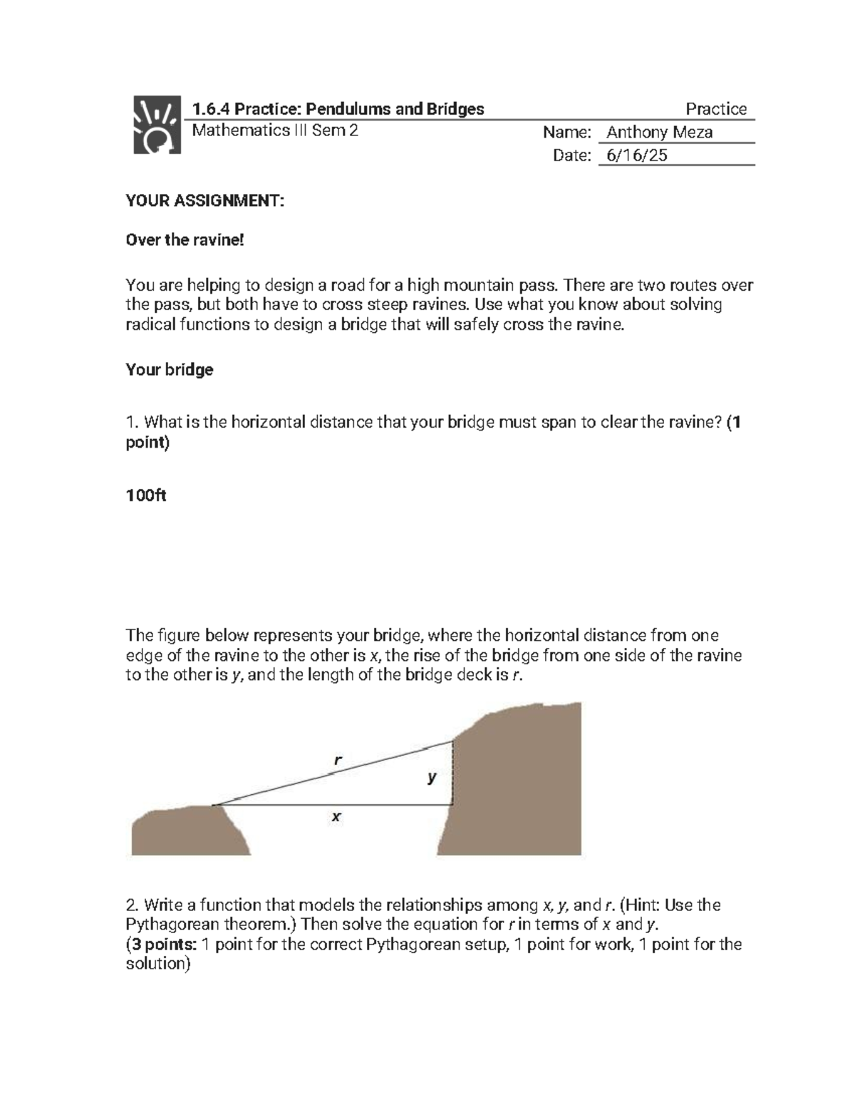 1.6.4 Practice: Pendulums and Bridges (Math Sem 2) - Studocu
