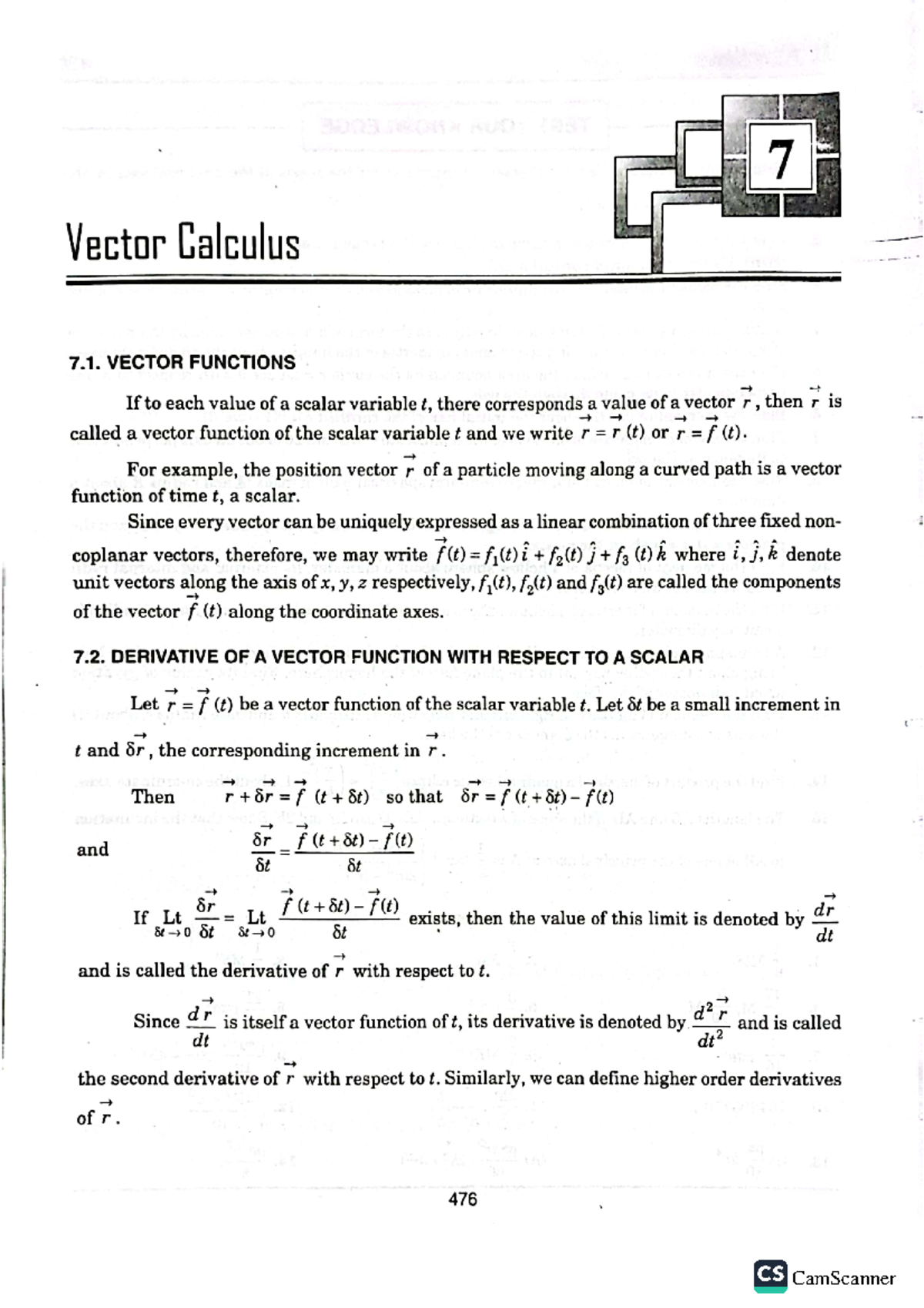 Vector Calculus-1 - VECTOR FUNCTIONS If to each value of a scalar ...