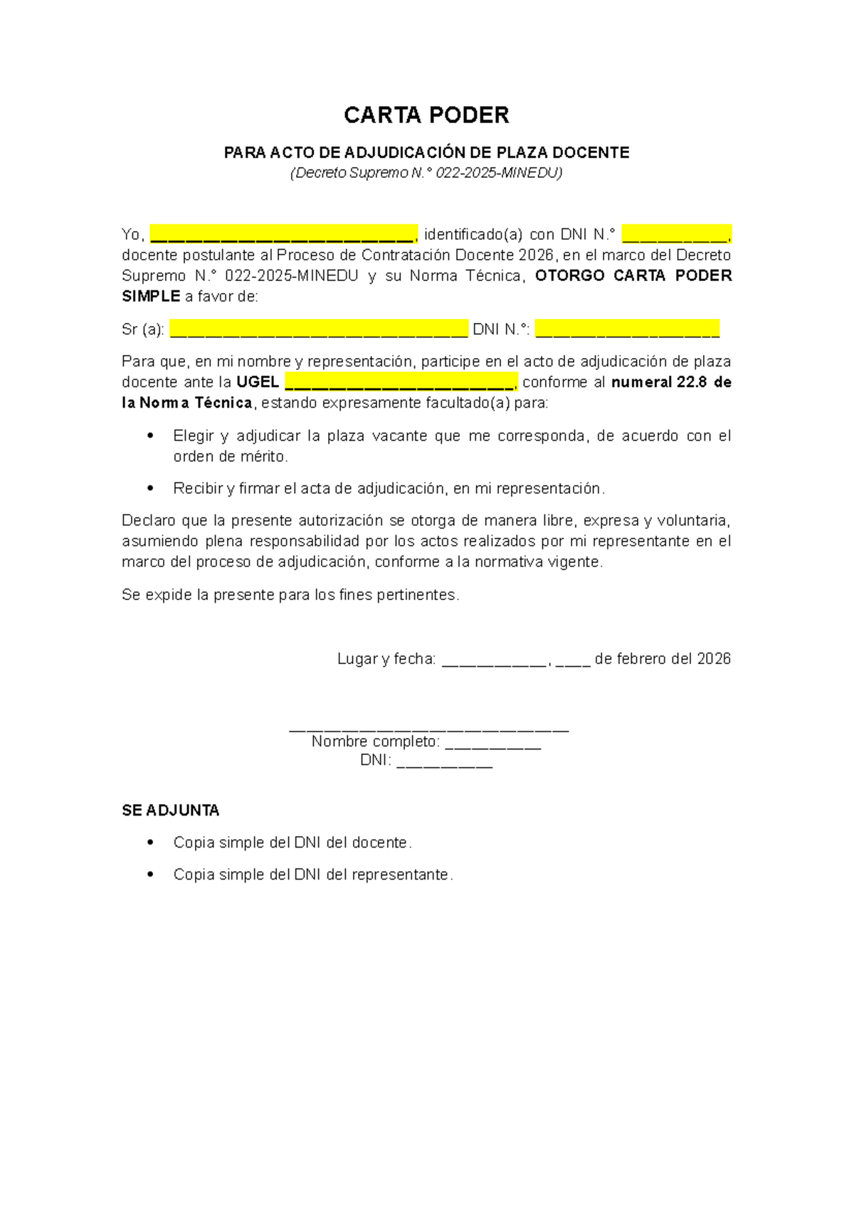 CARTA PODER PARA ADJUDICACIÓN DE PLAZA DOCENTE 2026 - Document Preview