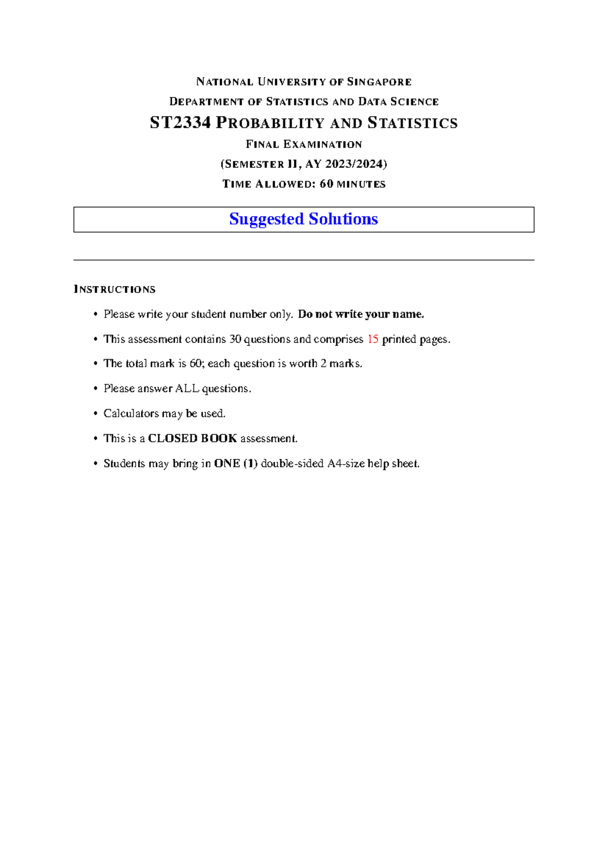 ST2334 Probability and Statistics Final Exam Suggested Solutions - Studocu