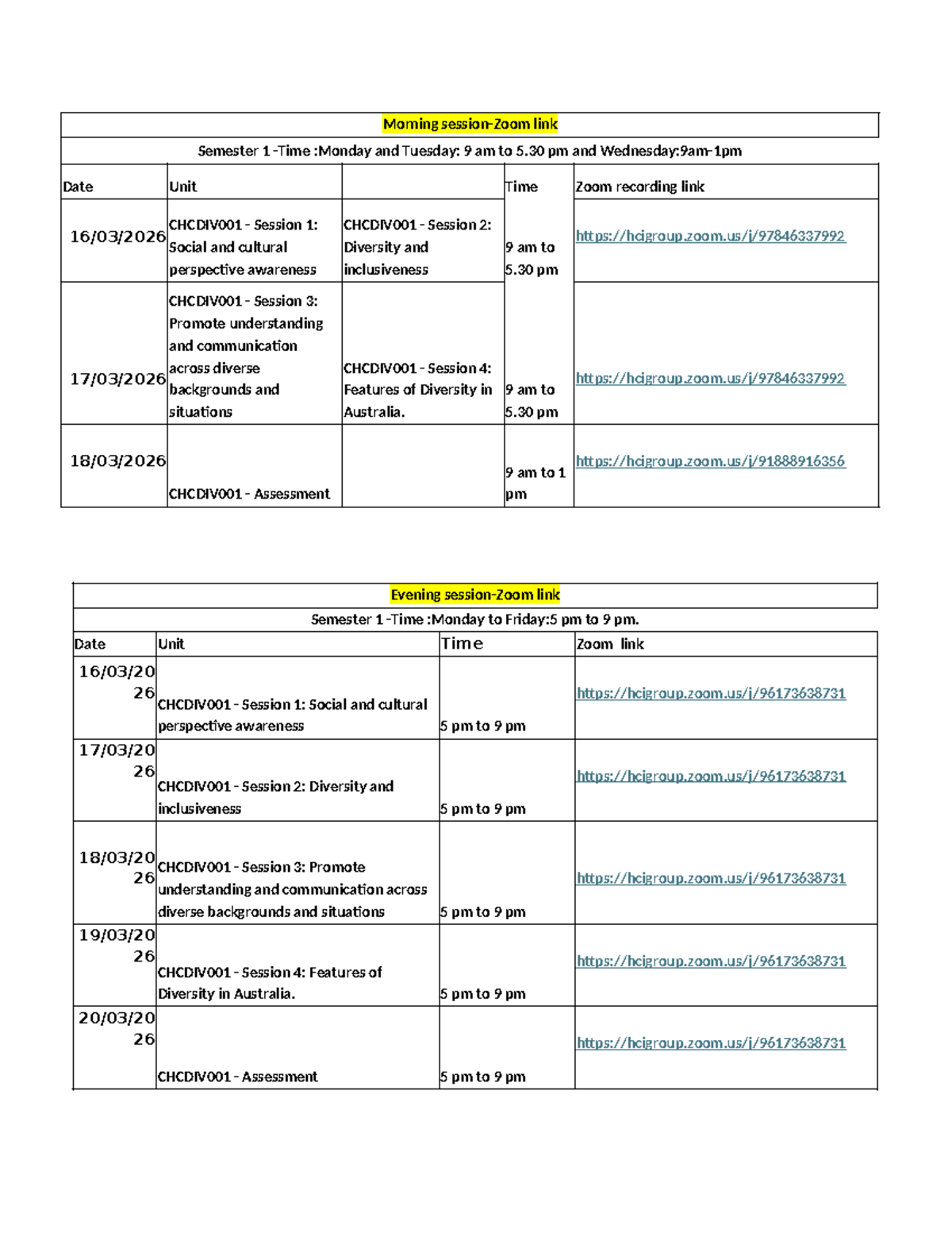 CHCDIV001 Semester 1 Schedule: Morning & Evening Sessions - Studocu